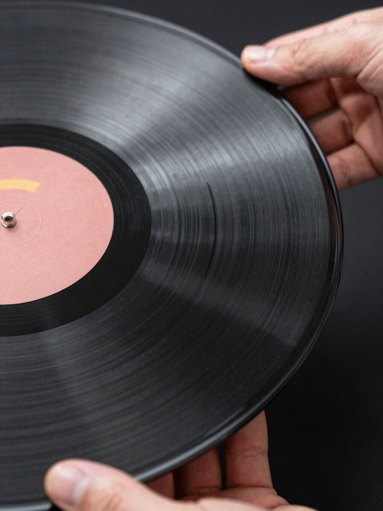 Close-up detail of vinyl record grooves with studio lighting, shallow depth of field, high contrast against dark background, hands holding the record at the edge visible out of focus