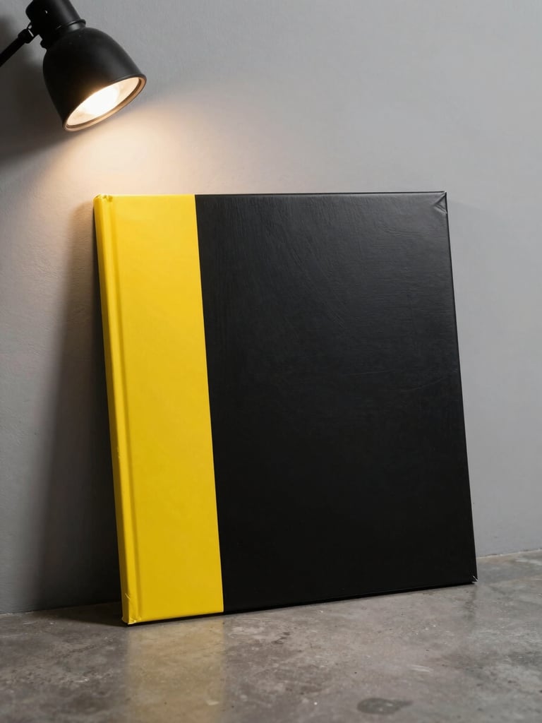 Full-bleed portrait of an album sleeve propped against a studio wall, electric-yellow accent stripe on a matte black cover, side-lit by a single tungsten lamp creating a hard shadow on the left, concrete floor visible at the bottom