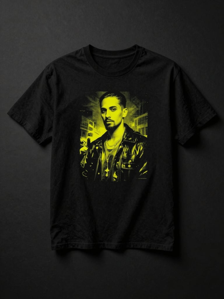 Full-height portrait frame: a black oversized t-shirt displayed as a crisp flat lay on a matte ink-black surface, the artist's graphic print centered on the chest — theatrical top-down studio lighting with a single focused beam, deep shadows at the edges, electric yellow-green graphic detail visible on the print, no background clutter