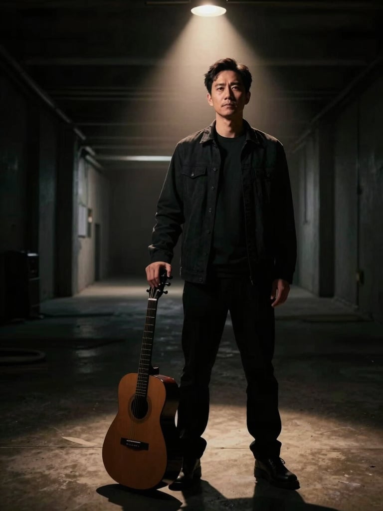 Full-body artist portrait, eye-level framing, shot from a slight low angle for authority. Subject stands centre-right in a wide studio corridor, theatrical spotlight from above casting a hard pool of warm light on face and shoulders, deep ink-black shadow filling the periphery. Clothing is dark, minimal. One hand rests on a guitar neck at the side. Background is raw concrete, barely visible.