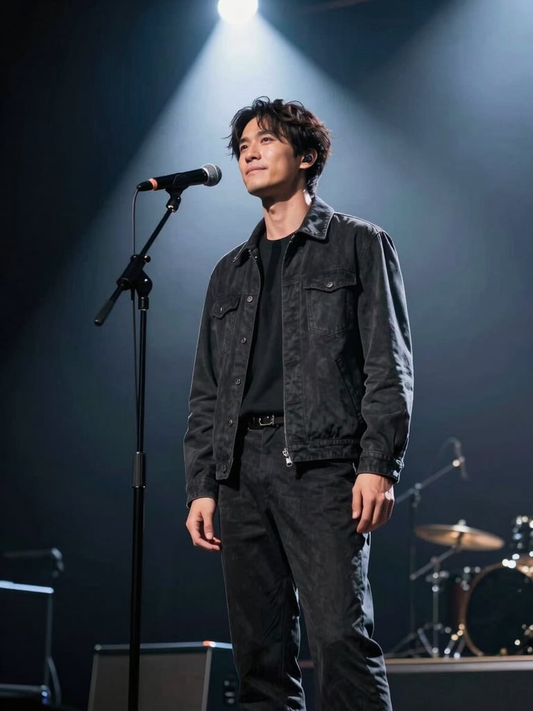 Full-height low-angle stage portrait of a male musician, theatrical spotlight from above casting sharp shadows, microphone stand in the foreground, dark concert venue behind, tight vertical framing with the artist filling two-thirds of the frame