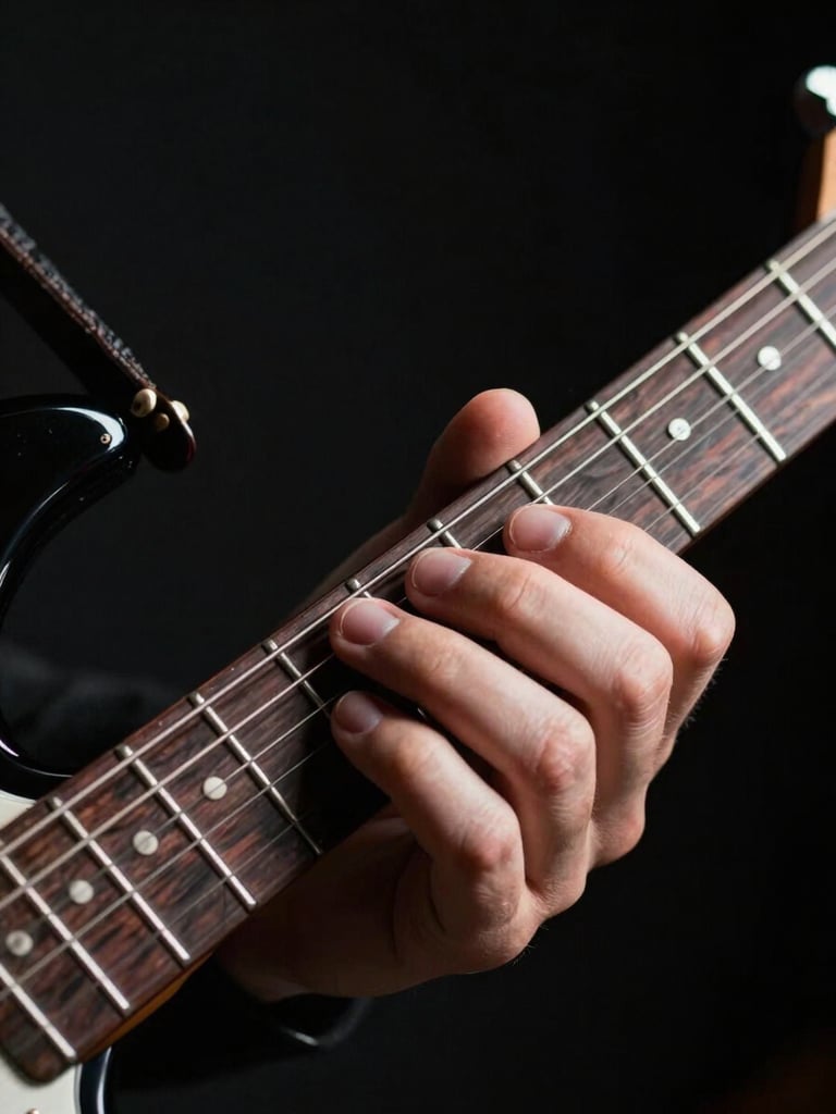 Extreme close-up of a musician's left hand pressing frets on a dark electric guitar neck, single tungsten spot from above casting hard shadows on the strings, black background, high contrast, fine string detail