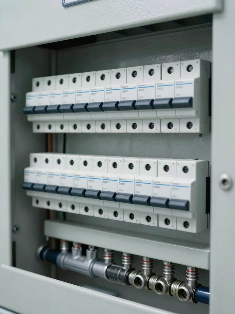Close-up of a clean electrical distribution panel inside a dental clinic, labeled circuit breakers in neat rows, conduit exits at the bottom, clinical white walls visible at the edge, daylight strobe lighting revealing every component clearly