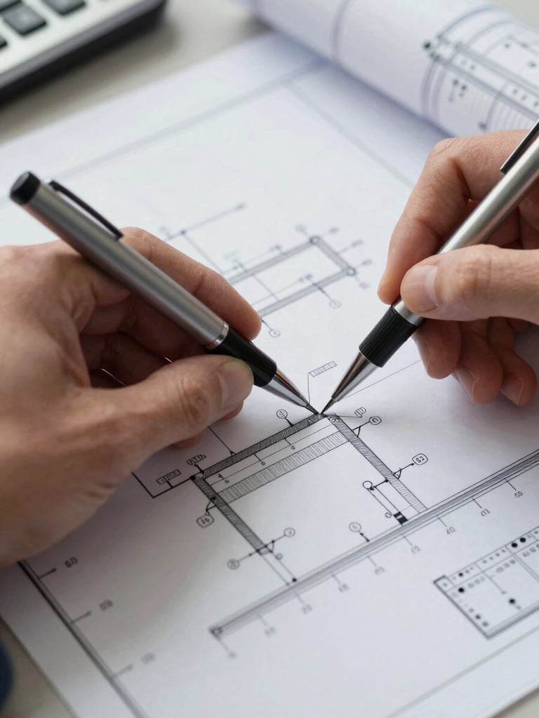 Close-up of technical as-built drawings spread on a flat surface, a hand holding a technical pen pointing to a compressed air distribution schematic, clinical overhead lighting, sharp focus on the diagram lines and measurement annotations