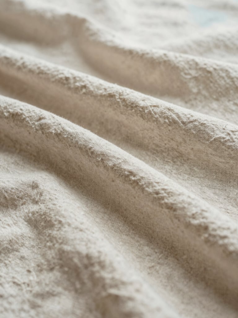 Close-up of soft beige linen fabric texture, natural light creating gentle organic folds, serene and calming atmosphere