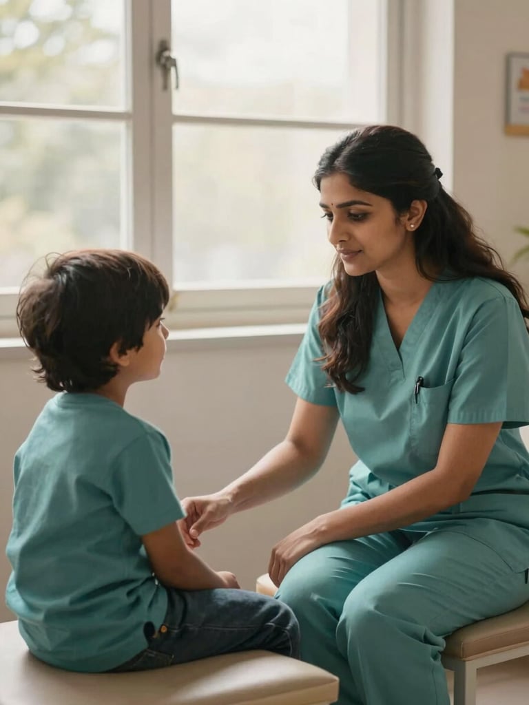 Dr. Dipa Sharma gently interacting with a child patient in a sunlit waiting area, both relaxed, soft natural window light, muted teal and warm sand tones, shallow depth of field.