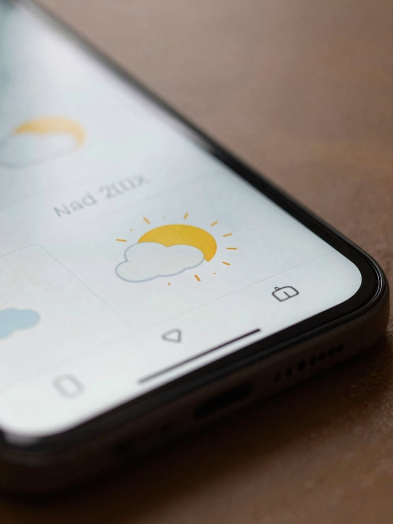 Macro close-up of a physical Android device displaying a minimalist weather utility, soft diffused afternoon workspace lighting, gentle shadows, focus on tactile screen details.