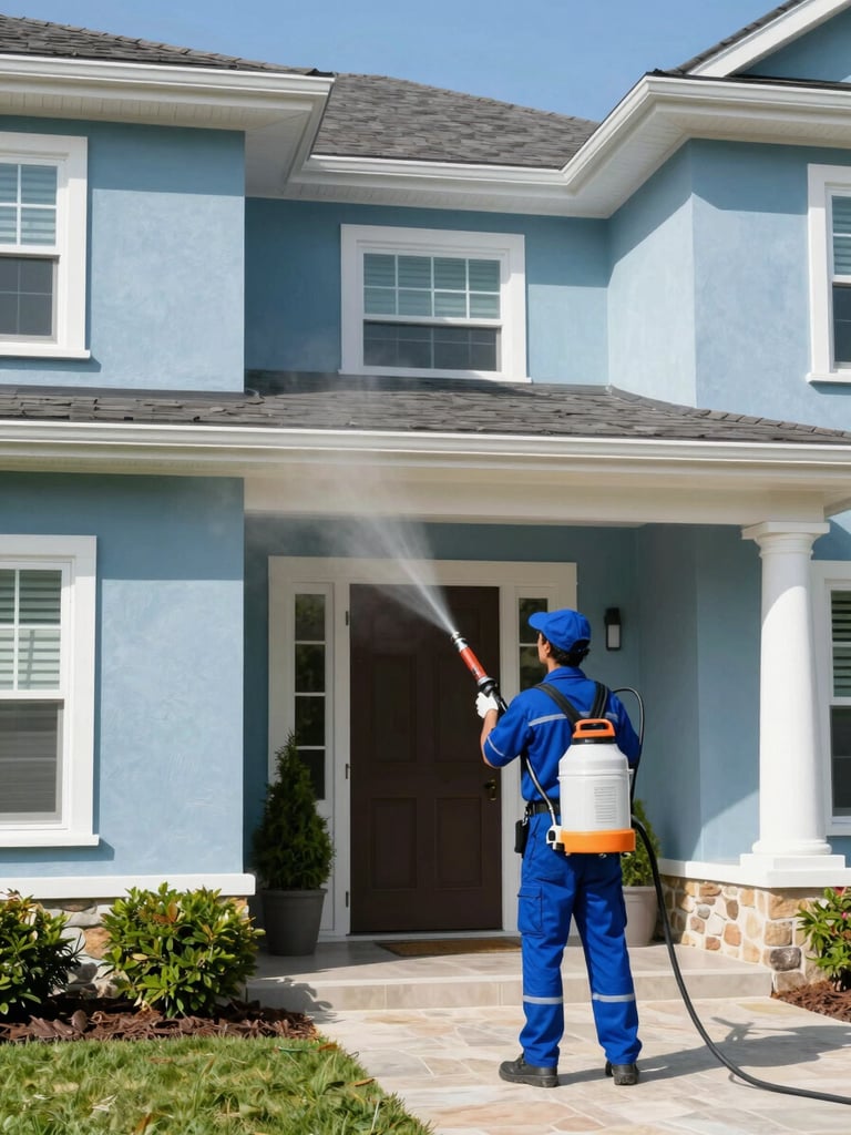 Professional exterior cleaning technician in clean uniform operating soft-wash equipment on a beautiful home facade, bright daylight, 35mm