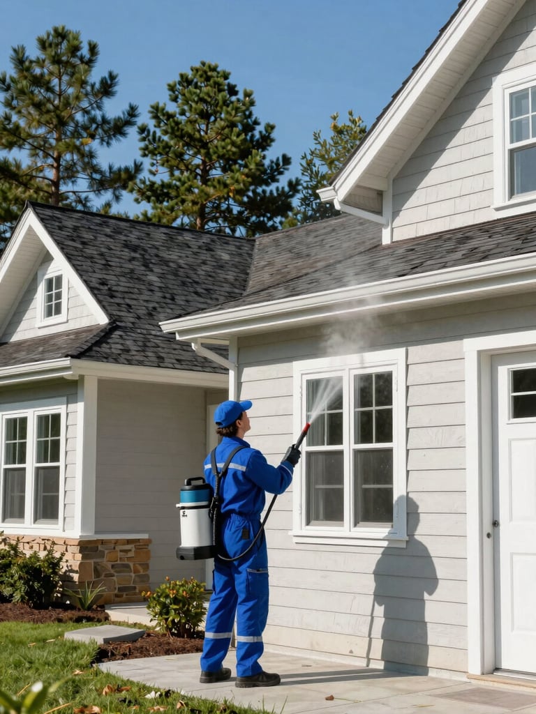 A professional exterior cleaning technician in a clean uniform operating soft-wash equipment on a beautiful cedar-sided home, crisp morning daylight, pine trees in background