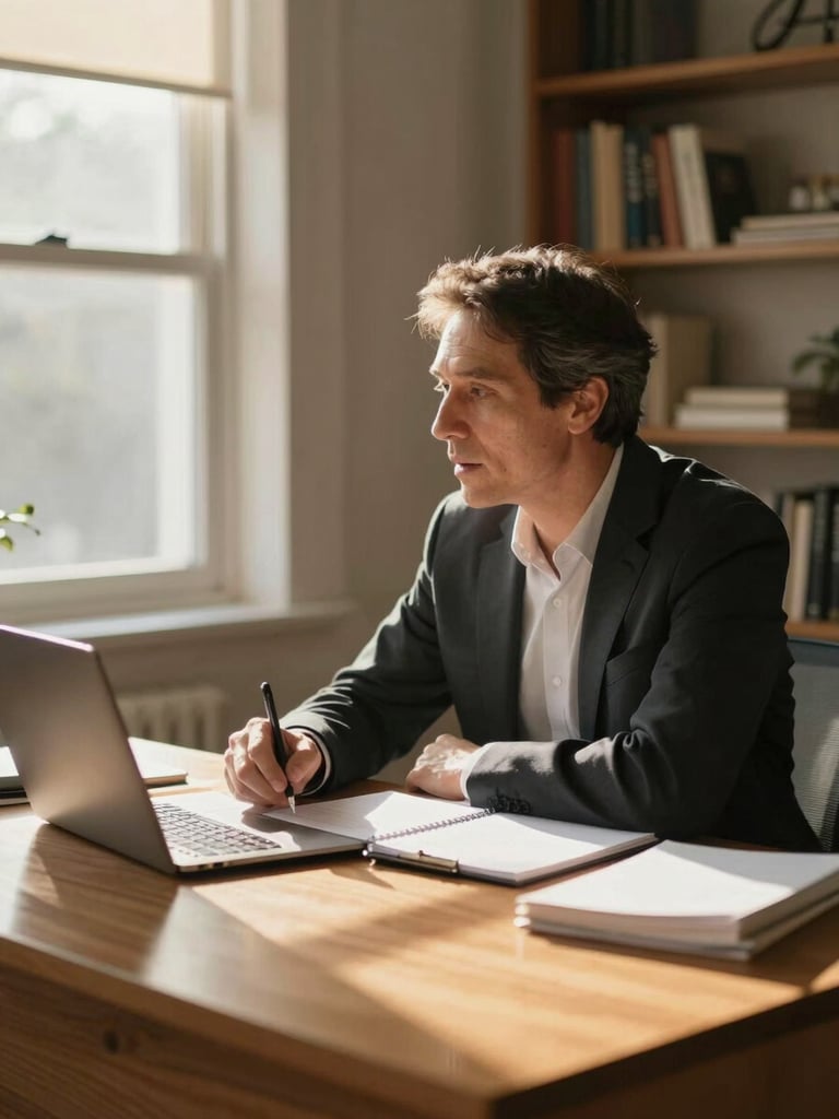 Wide environmental shot of a quiet home office, warm natural light streaming through a window to the left, an advisor seated at a wooden desk mid-conversation, leaning slightly forward with a notepad open, bookshelves softly out of focus in the background, golden afternoon light casting long shadows across the desk surface
