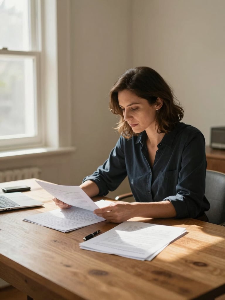 Wide environmental shot of a quiet home office, a woman in her early forties seated at a wooden desk reviewing printed documents, soft natural window light falling across the papers and her hands, warm cream walls, a single pen resting beside the page, nothing staged or posed