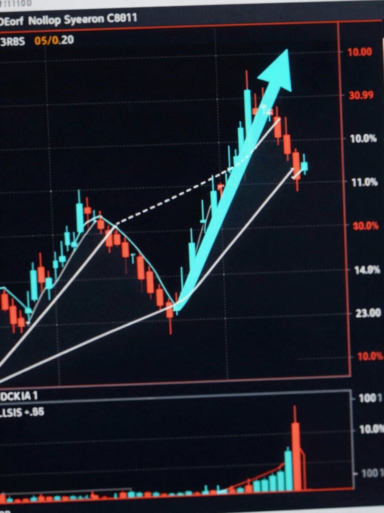 Full-height annotated trading chart screenshot showing a swing trade setup: order block zone highlighted in cyan, buy signal arrow at entry candle, take-profit and stop-loss lines marked in white dashes, dark background, screen-lit precision, no people