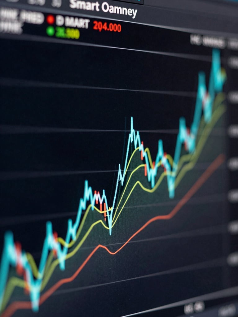Close-up crop of a candlestick chart with precise buy and sell signal markers in electric cyan, smart money flow zones highlighted in overlay bands, dark background, screen-lit with high contrast indicator labels