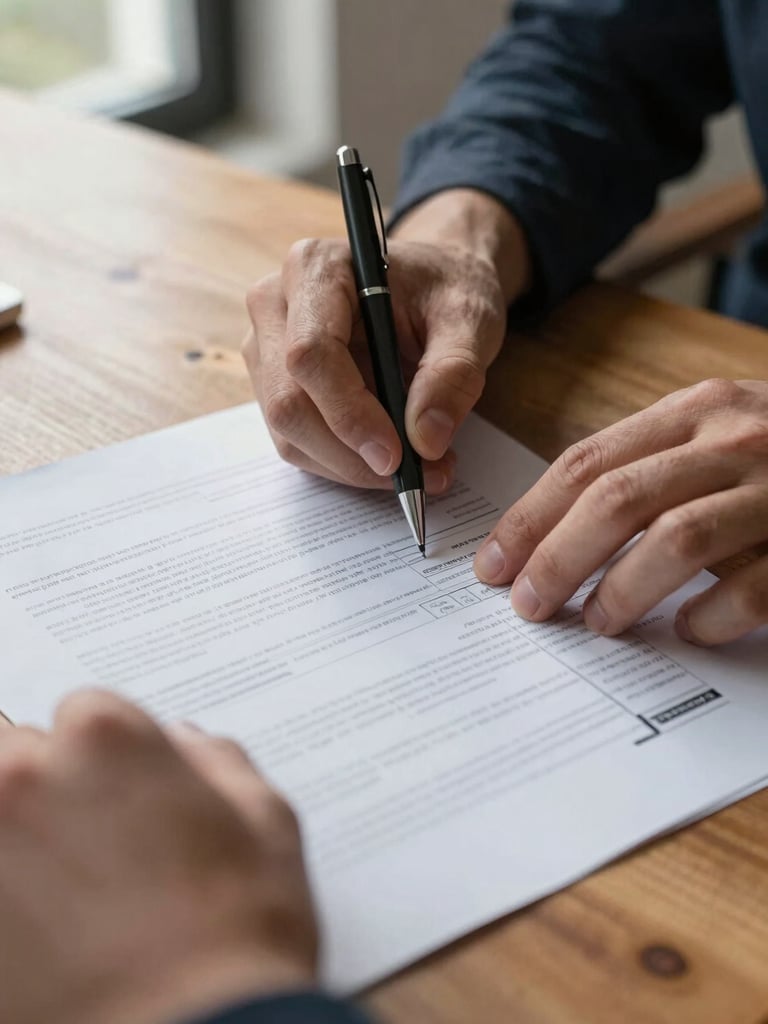 Close-up of hands reviewing a printed property inspection document on a wooden table, natural window light from the left, pen resting on the page, honest documentary detail