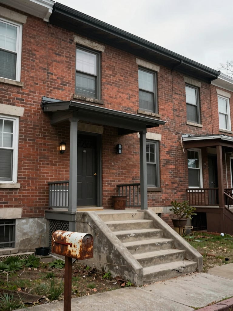 Medium-wide exterior shot of a weathered brick row house, north-facing overcast light, cracked concrete front steps, a rusted mailbox, empty porch — honest documentation framing, nothing staged