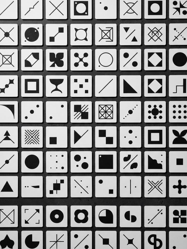 Overhead flat-lay of minimalist black and white game cards arranged in a perfect geometric grid on a dark surface, sharp studio shadows