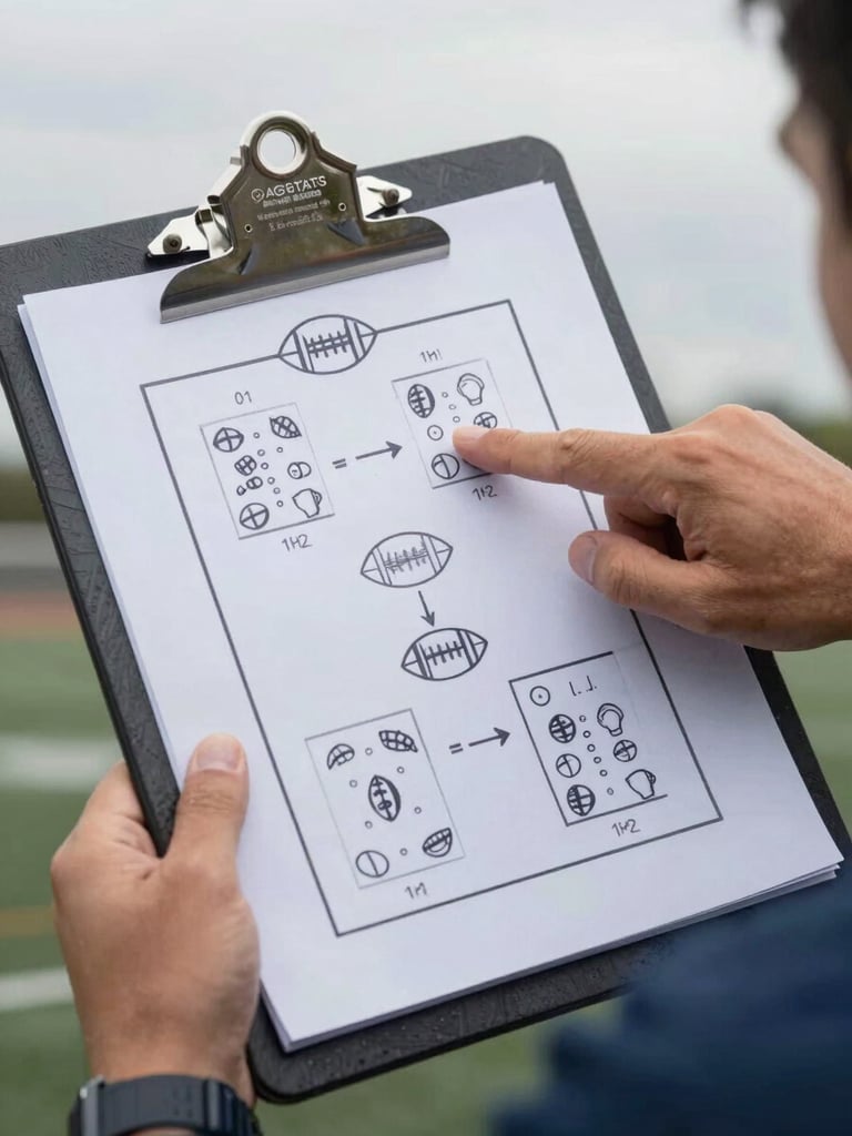 Overhead tactical clipboard with football formations drawn, coach hand pointing to strategy, high-contrast athletic gray and blue equipment