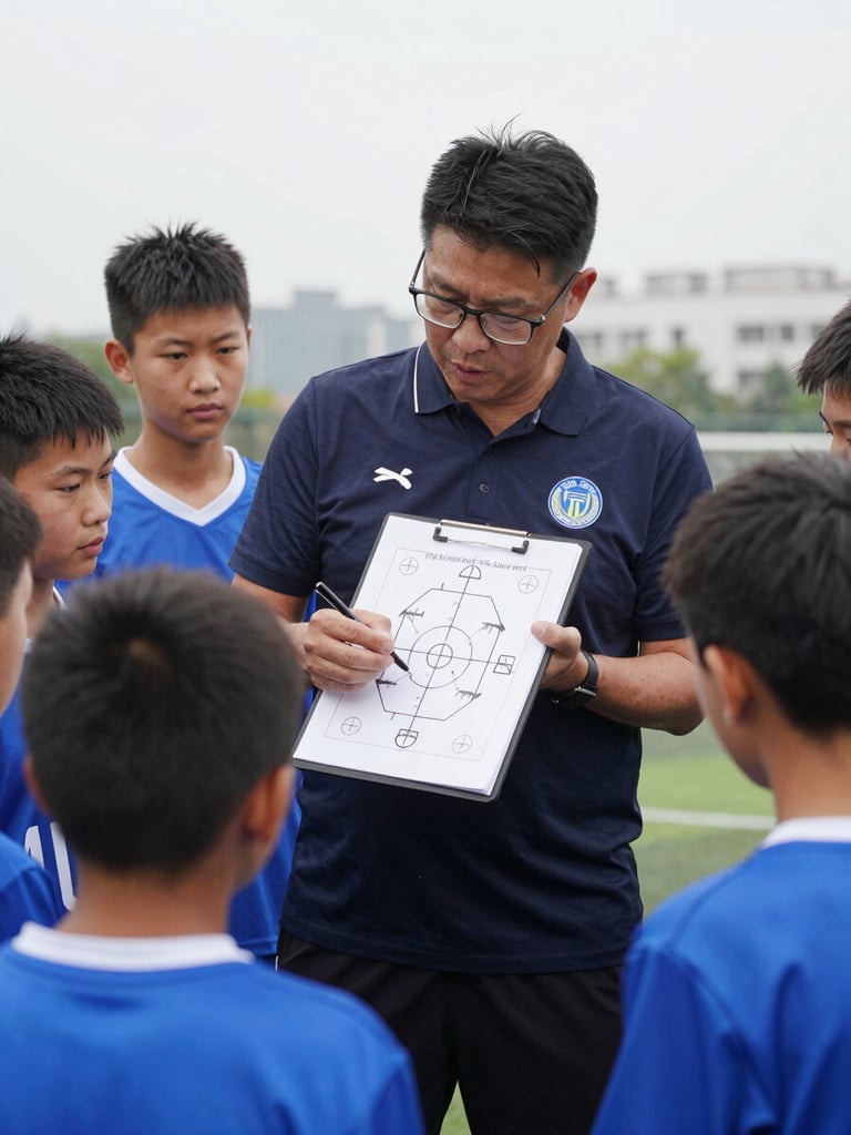 A coach demonstrating tactical setups on a clipboard to youth players, high-contrast overcast daylight, sharp focus on the strategic layout, athletic charcoal tones.
