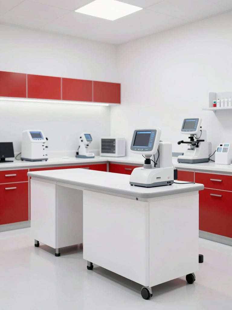 Clean modern pharmacy consultation room with medical equipment, bright white and red tones, professional clinical environment