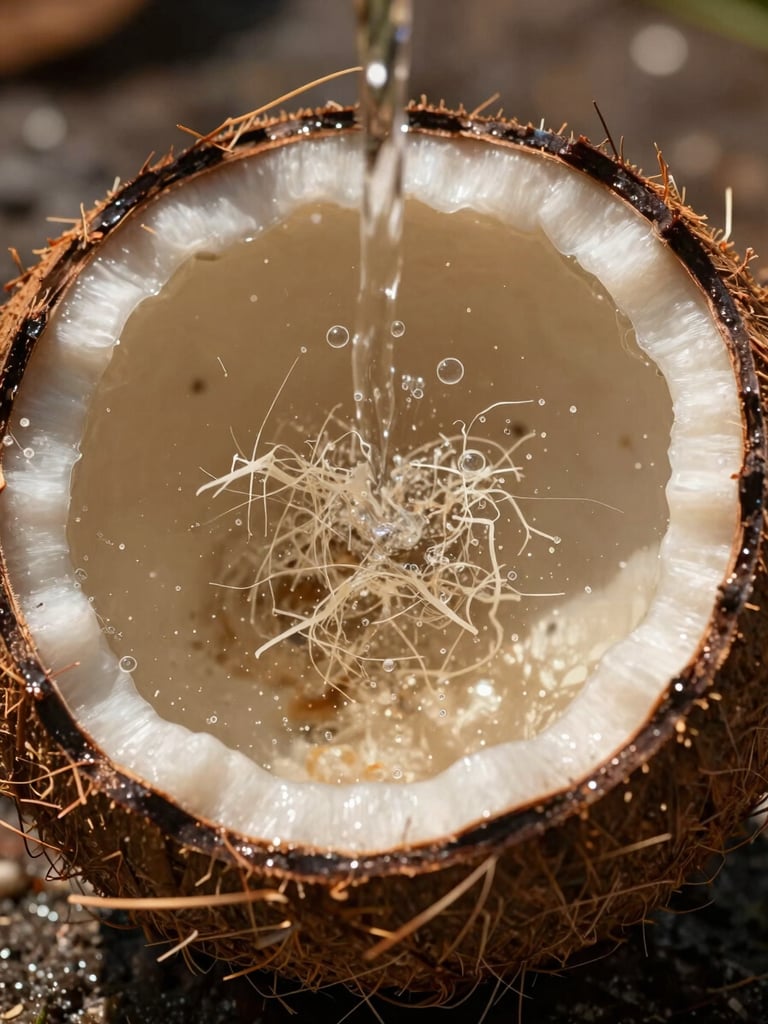 Portrait macro shot of compressed coco pith expanding under water, raw fibrous texture, harsh direct tropical sunlight, high contrast.