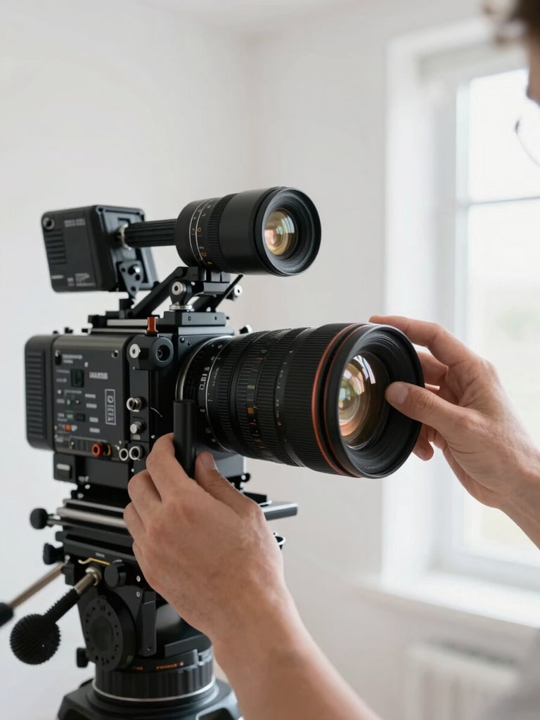 Close-up of hands adjusting a premium cinema camera lens, bright natural window light, clean white background, sharp focus, technical precision, high-end production setup