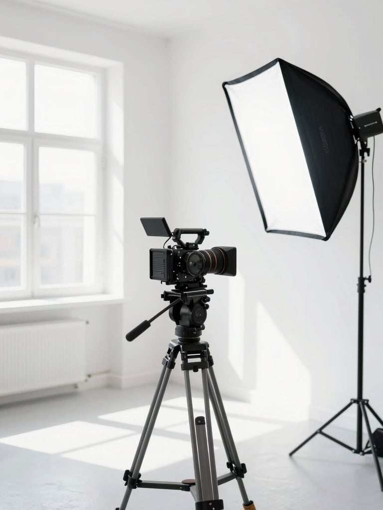 Bright high-key photography of a modern professional studio space, white walls, softboxes, high-end cinema camera on a tripod, clean natural window light