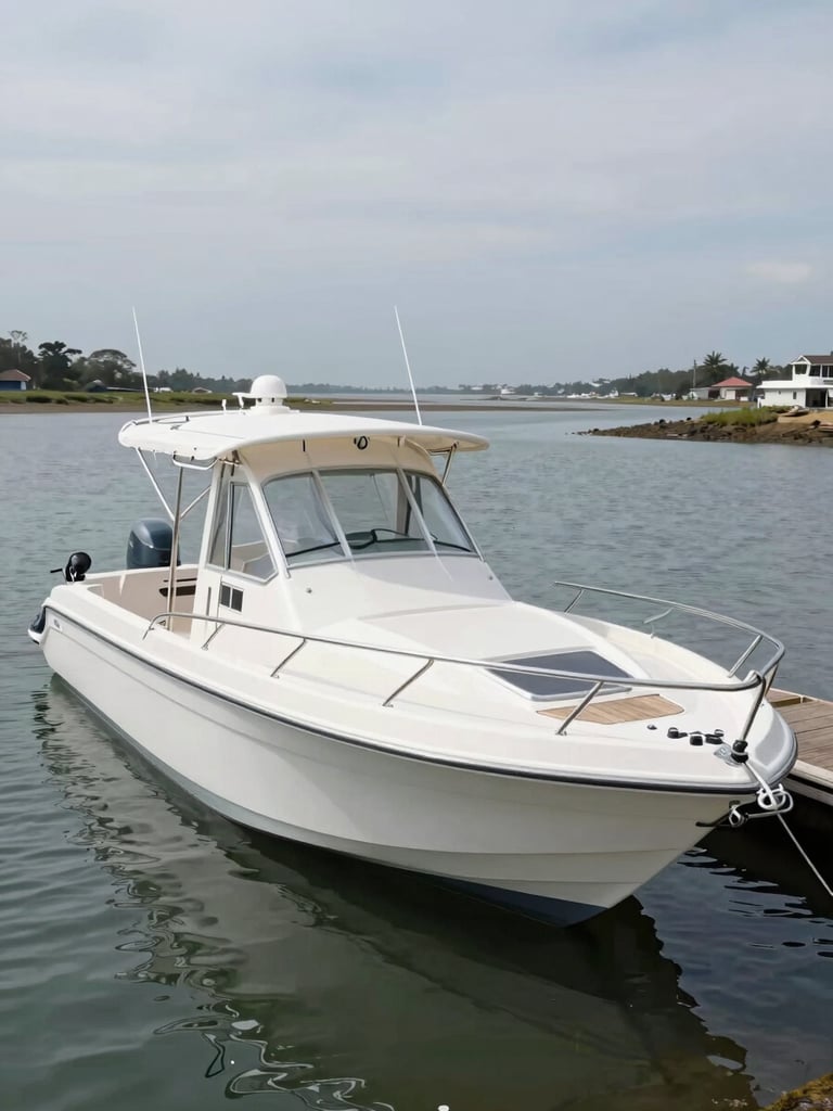 Wide environmental shot at waterline, a finished white bimini frame cover fully installed over a motorboat cockpit moored at a tidal marina, overcast coastal daylight, no people