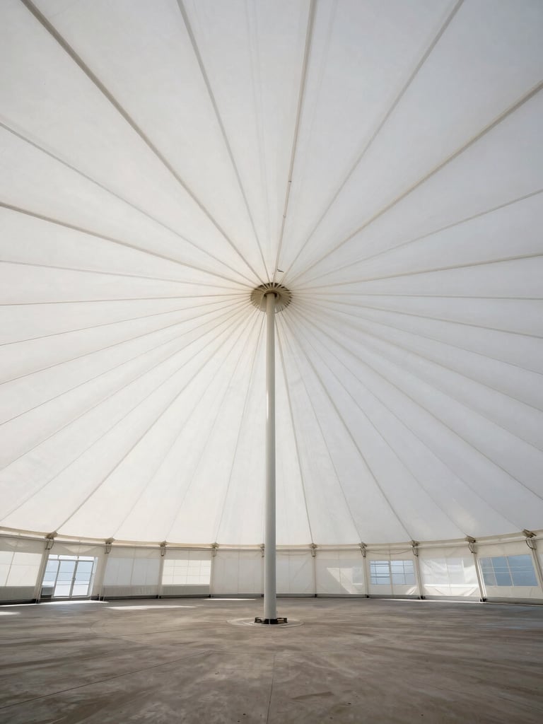 Wide environmental shot looking up at the interior of a large white PVC big-top canopy, radial tension lines converging at the crown, daylight filtering through the fabric, empty interior, no people