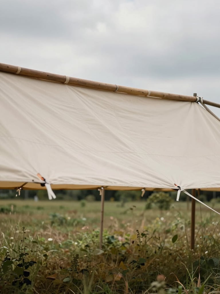 Close-up ground-level view of a traditional canvas marquee being erected on a summer field, heavy tensioned ridge pole visible above, natural overcast daylight, no people in foreground