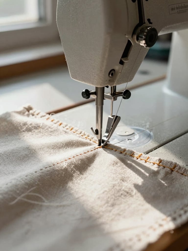 Extreme close-up of heavy-duty canvas seam being stitched on a workbench, needle and thread visible mid-stitch, natural workshop window light raking across the fabric texture, industrial sewing machine arm in soft background