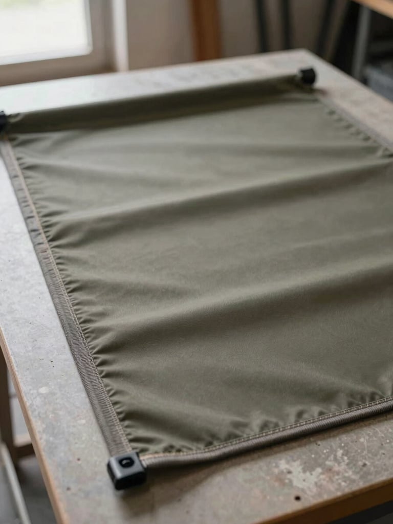 Close-up overhead flat-lay of a heavy-duty waterproof canvas awning panel on a cutting table, edge binding and reinforced stitching visible, natural workshop window light from the left