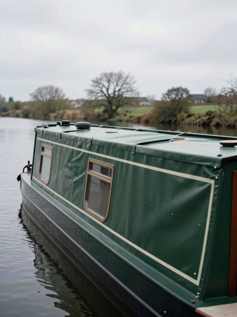 Wide shot of a narrowboat moored on a calm inland waterway, a fitted dark green canvas hatch cover running the length of the roof, overcast diffused daylight, no people visible