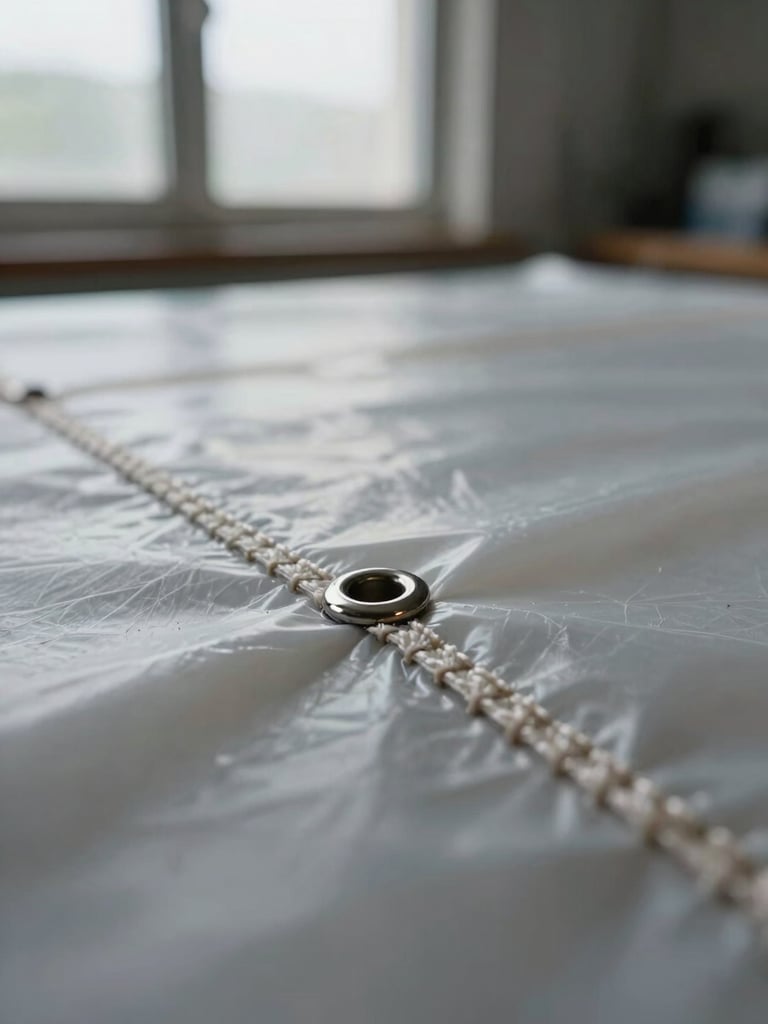 Close macro shot of double-stitched seam on heavy PVC fabric under workshop window light, stainless eyelet and waxed thread visible, fabric grain sharp in foreground, background softly out of focus