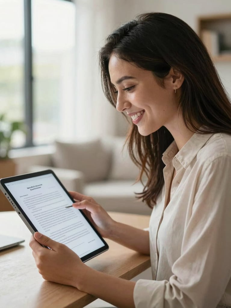 A young Colombian professional smiling in a bright, daylight-filled apartment, looking at a tablet screen showing legal documents, feeling relieved and secure.