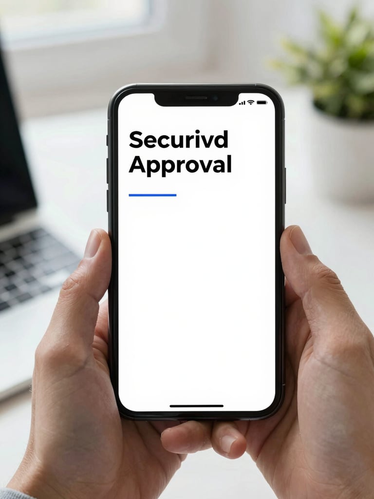 A clean, simplified mockup of a secure document approval screen on a mobile phone, held by hands in a bright, daylight-filled environment.