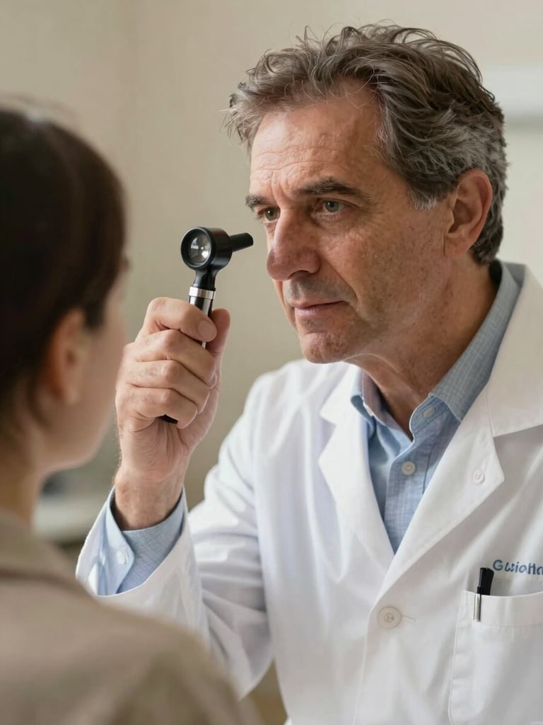 Close-up of Dr. Giuseppe Porro in a warm clinical consultation, holding an otoscope and explaining a procedure to an attentive patient, soft natural lighting, elegant non-threatening environment.