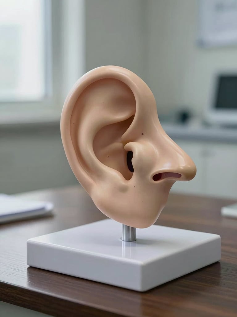 Anatomical model of the ear and nasal passages on a dark wooden desk, soft side lighting from a window, clean clinical environment