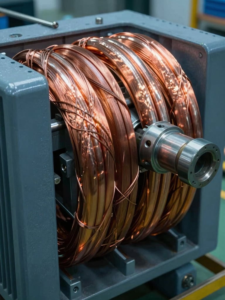 Portrait close-up of heavy electrolytic copper windings on a massive industrial transformer core, high-contrast cool blue lighting with warm orange highlights on the metallic surfaces.