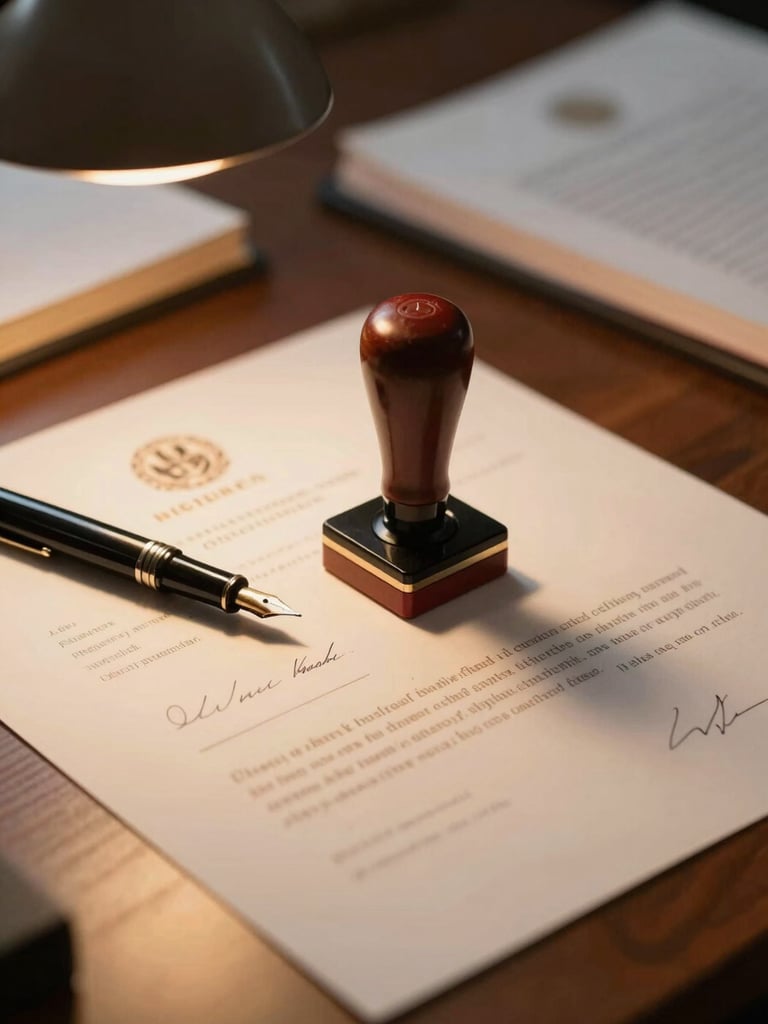 Overhead close-up of a professional notary desk: a notary seal pressed into an official document, a fountain pen resting beside a signed certificate, warm office lamp light casting gold across cream paper, shallow depth of field with journal pages visible in background