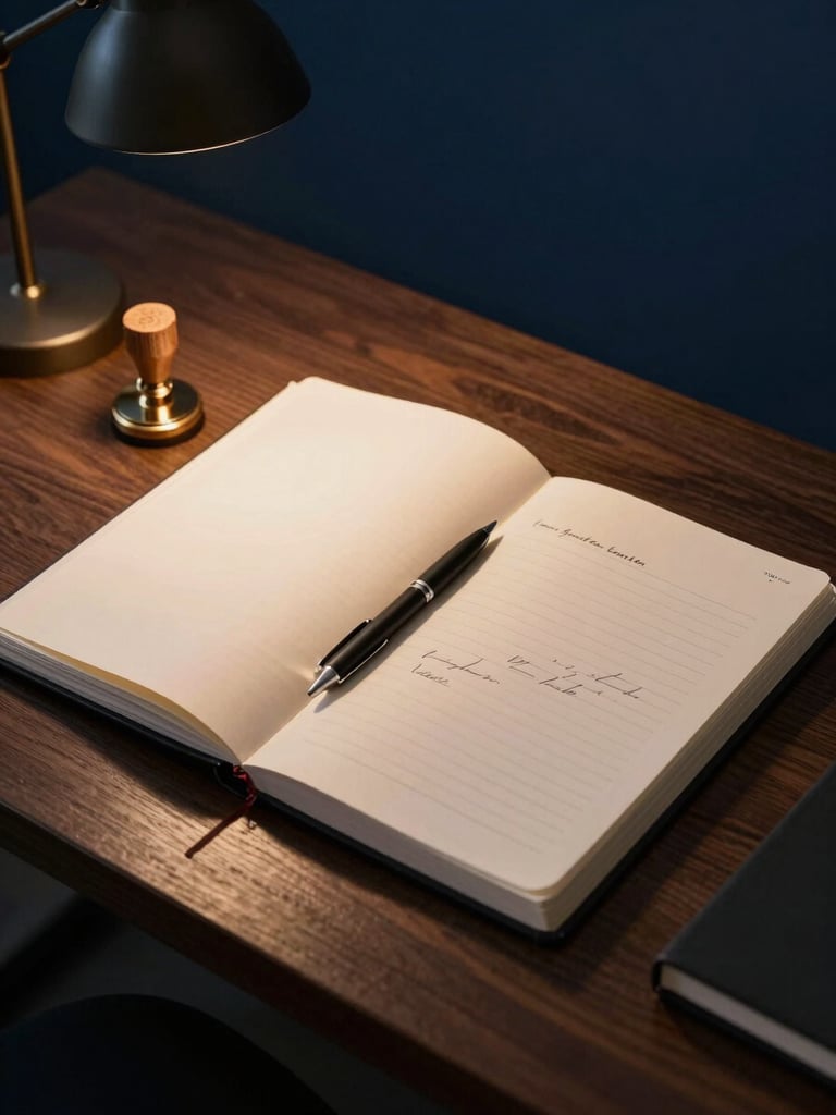 Close overhead view of a professional home-office desk, notary journal open to a signed page, embossing seal resting beside a pen mid-set, warm lamp light pooling across cream paper, deep navy wall visible in the background