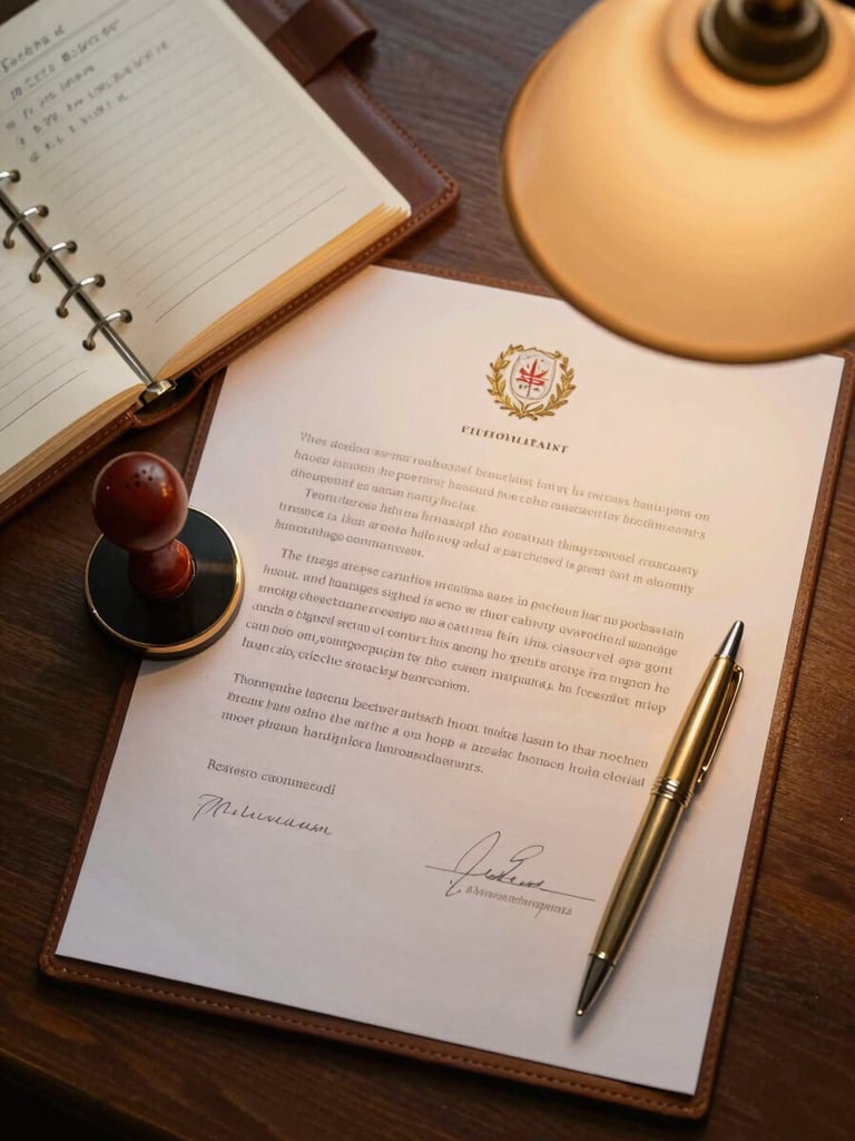 Overhead flat-lay study of a professional notary desk — a round notary seal pressed into an official document, an open leather journal with handwritten notes, a gold pen resting beside a signed certificate, warm amber office lamp light casting soft shadows across cream paper