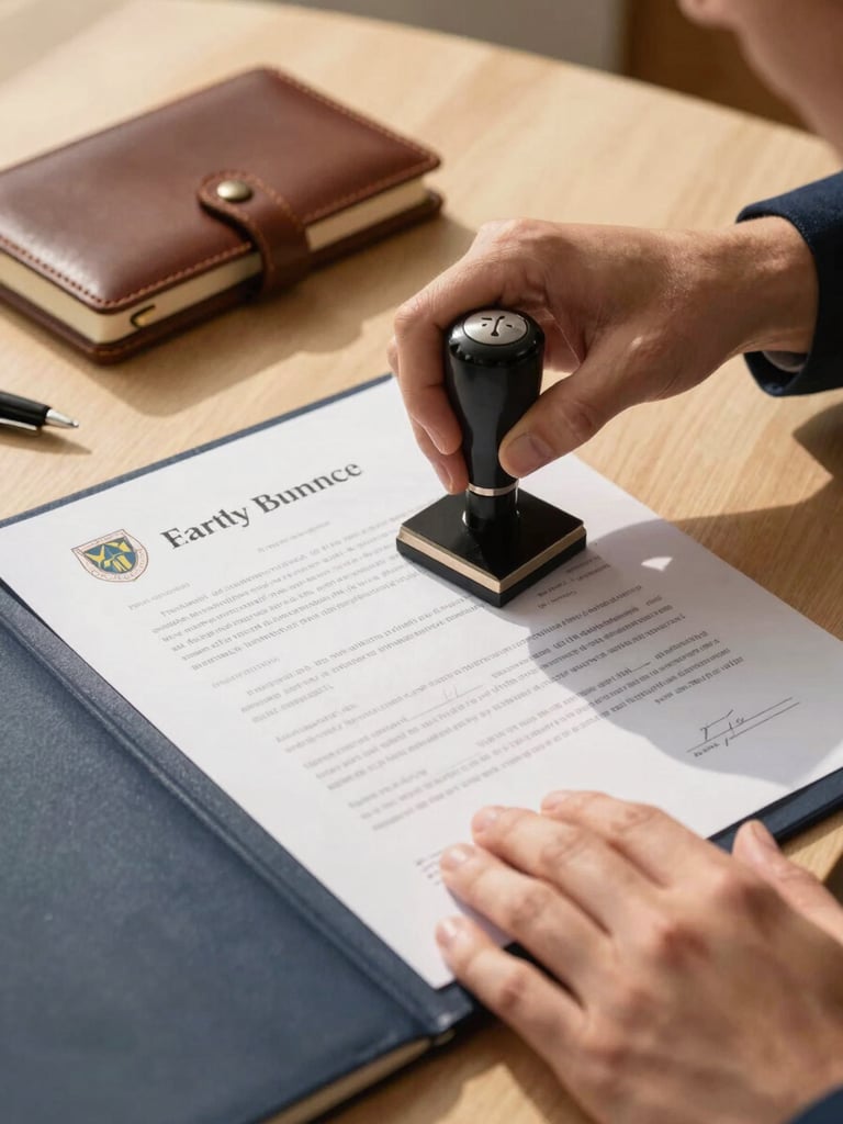 Close environmental shot of a notary professional's hands stamping an official seal onto a document at a warmly lit home office desk, leather journal and pen visible in the background, golden afternoon light casting soft shadows across the paperwork, cream and navy tones throughout