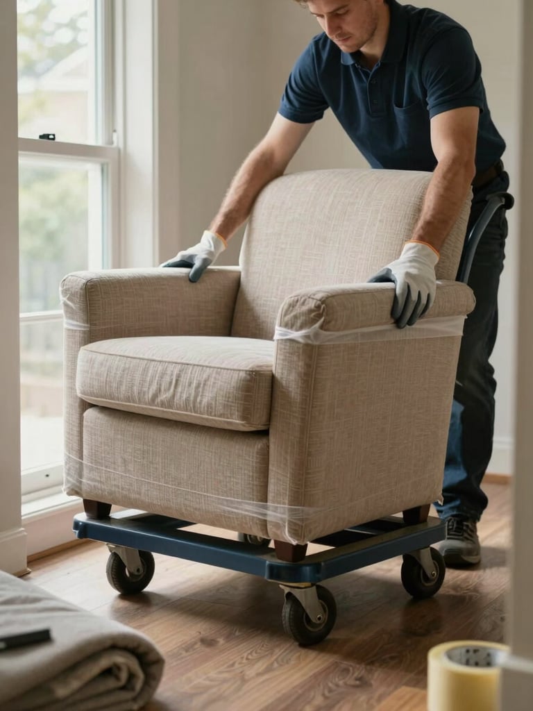 Close-up wide shot of a mover's gloved hands securing a wrapped armchair onto a dolly inside a residential hallway, natural window light from the left, moving blankets and tape rolls visible on the floor