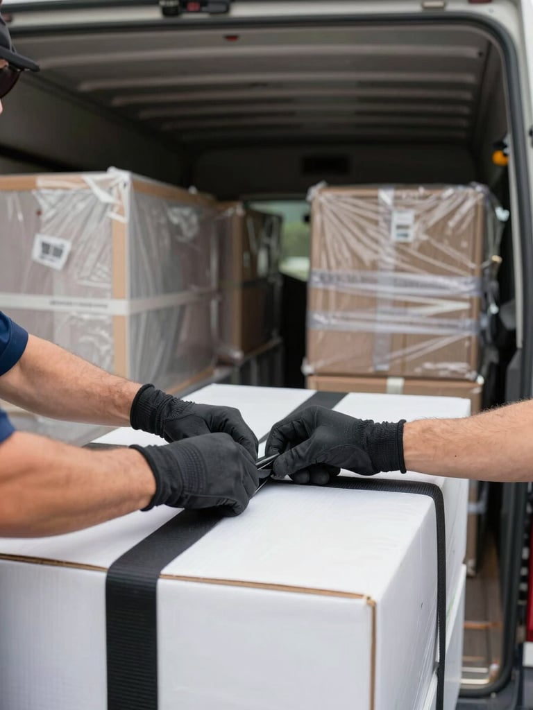 Close-up of a crew member's gloved hands securing a load strap across stacked boxes inside a moving truck interior, natural light filtering through the truck opening, organized rows of wrapped furniture visible behind, operational and precise