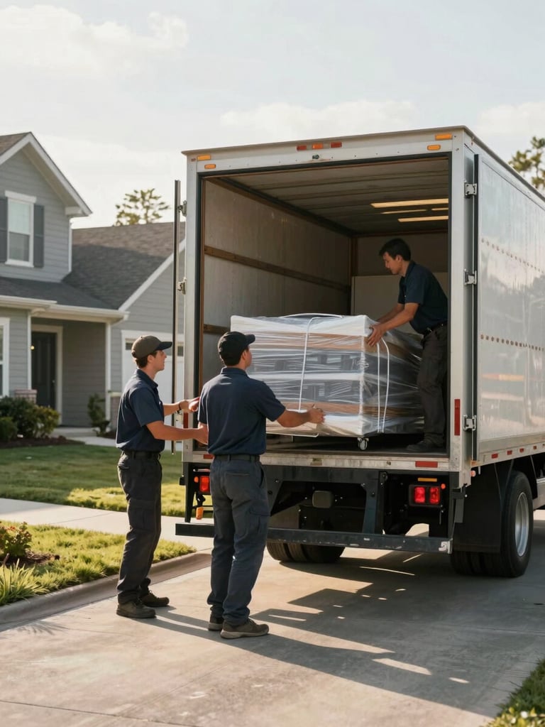 Wide shot from the side of a residential driveway, a Quick Solve moving truck with rear doors open, two crew members in uniform systematically loading wrapped furniture onto the truck, natural morning daylight, suburban home entry visible in background left, truck filling the right two-thirds of the frame