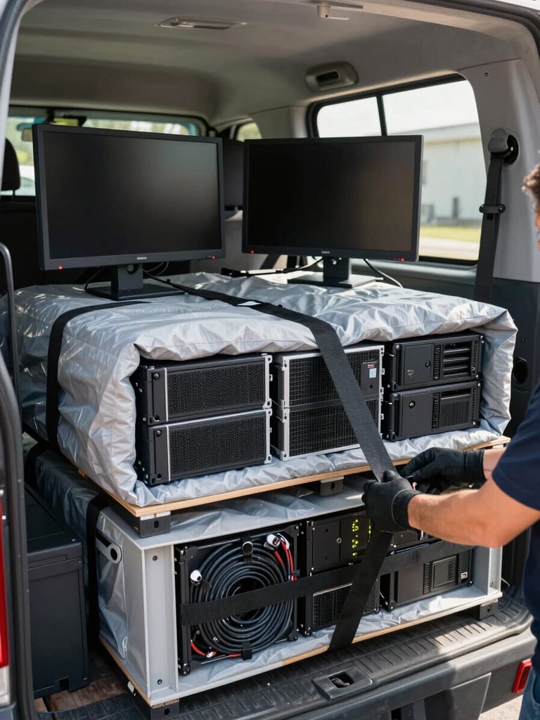 Close-up wide shot inside a moving truck interior, neatly loaded office equipment — monitors wrapped in moving blankets, server equipment in labeled crates, cable bundles secured with velcro straps, crew member's gloved hands visible tightening a load strap across a rack, natural loading-bay daylight from the rear doors