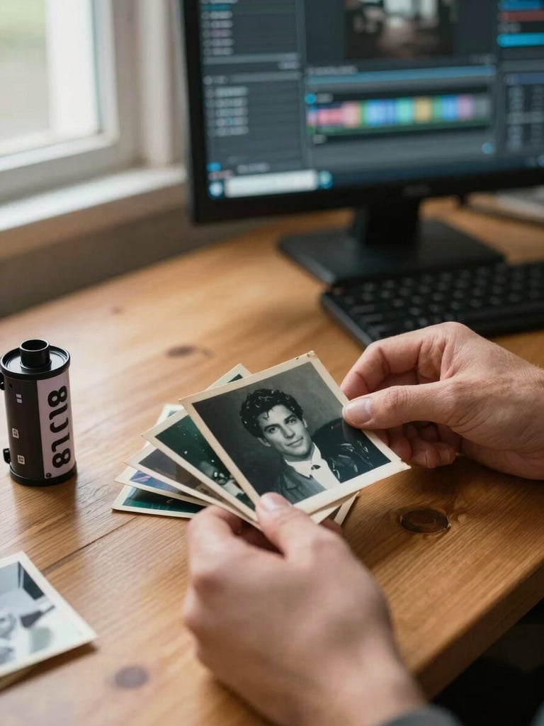 Hands carefully handling a small stack of old photographs and a single 8mm film canister on a wooden table, warm window light from the left, editing monitor softly glowing in the background, no text visible on materials