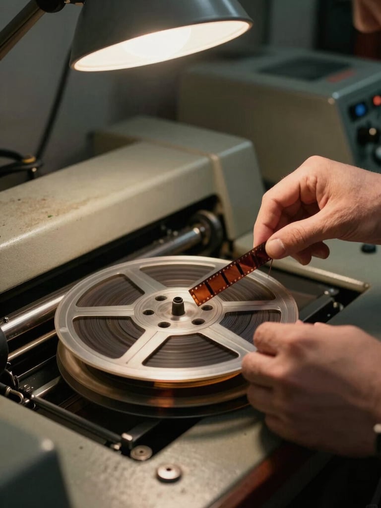 Close-up of hands carefully threading a Super 8 film reel onto a transfer machine in a dimly lit editing bay, warm tungsten light from a desk lamp illuminating the film frame edges, worn equipment surfaces visible in the background