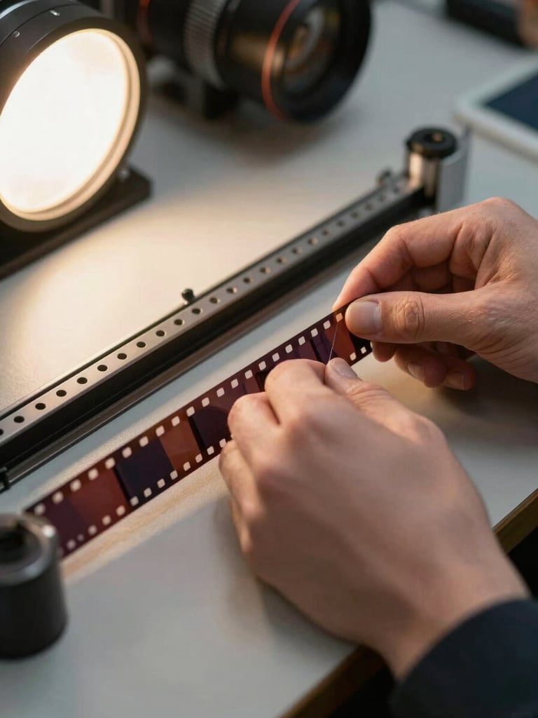 Close-up of hands threading 16mm film through a film gate on a flatbed editing table, warm tungsten light from the left, sprocket holes visible, shallow depth of field on the film strip