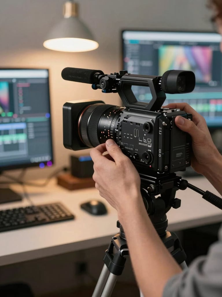 Close-up of hands adjusting a professional video camera on a tripod in an office editing bay, warm tungsten desk lamp visible in background, monitors showing footage playback, no people in frame